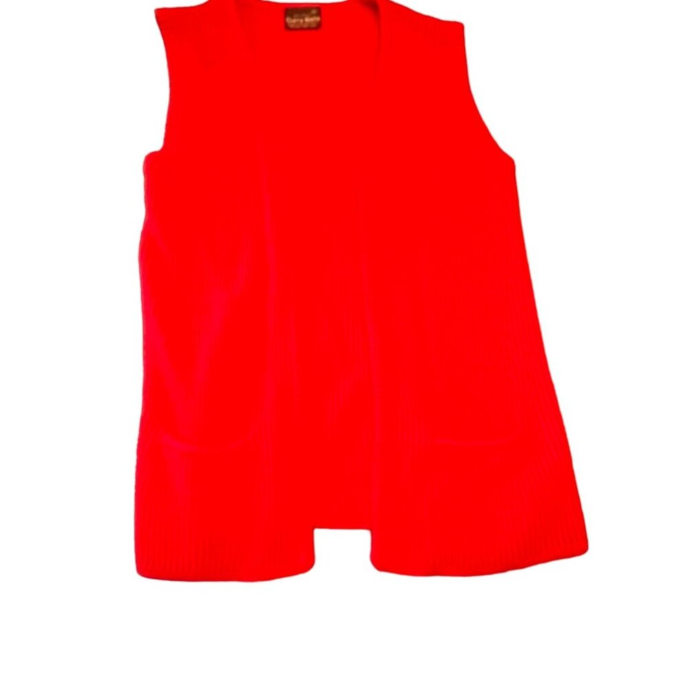 Curry Knits Vintage 1980s‎ Red Long Line Open Front Vest Pockets Size Small